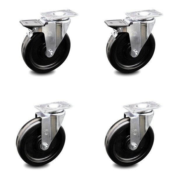 6 Inch Phenolic Wheel Swivel Top Plate Caster Set with 2 Brakes